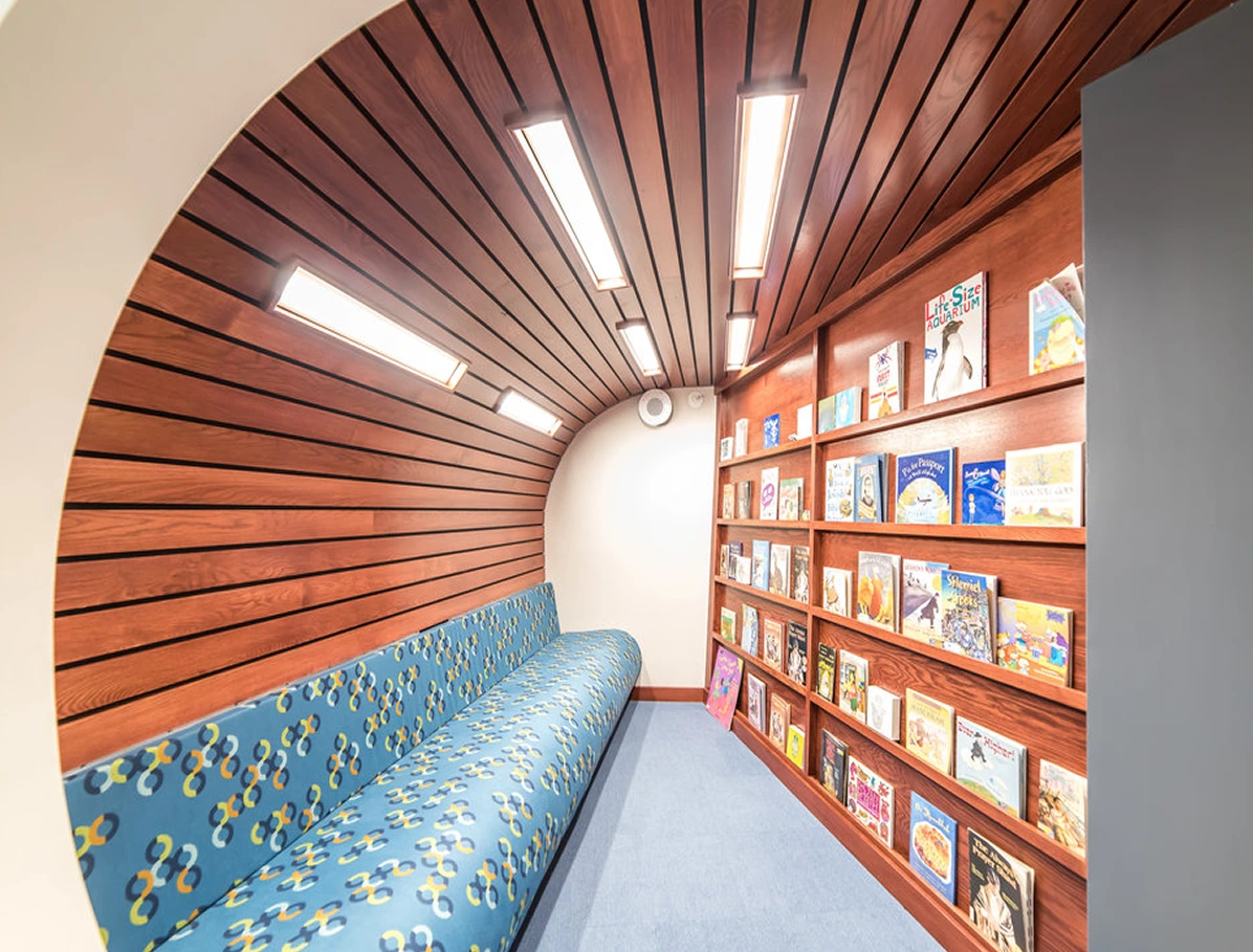 bookshelves and a couch with nice interior