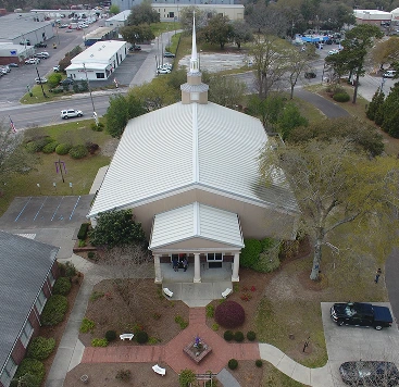 drone shot of a church